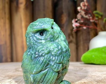 60MM Natural Olive Jade Owl Carving, Gemstone Birds Figurine Decor, Healing Crystal Animals Home Decor, Crystal Gifts For Friends.