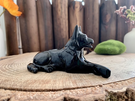 4インチの天然黒曜石ジャーマンシェパード彫刻、クリスタル犬の置物 