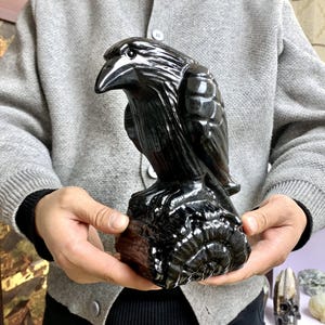 Giant!  8.2&quot; Obsidian Ravens Crows Hand-Carved Carving, Gemstone Birds Figurine Decor, Healing Crystal Animals Home Decor, Crystal Gifts