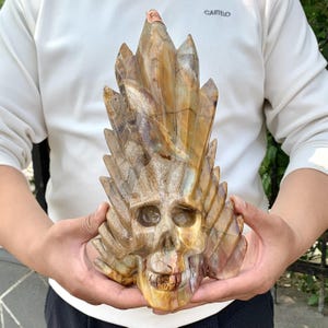 Huge! 10"Natural Ocean Jasper Indian Skull Carving, Hand Carved Crystal Skull Sculptures Home Decor, Healing Crystals Gift.FC01
