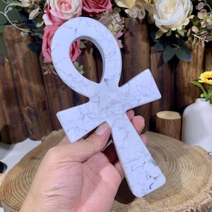 8&quot; Large Hand-carved Howlite Jasper Ankh Statue, Natural Crystal Cross Carving, Healing Chakra Crystals Home Decor.