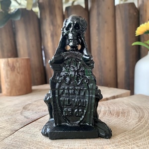 100MM Natural Handcrafted Obsidian Skull Carving, Crystal Tombstone Sculpture, Quartz Skull Figurine Decor, Healing Crystal Home Decor.