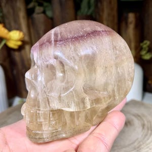 3.8" Hand Carved  Mica Fluorite Skull Statue, Natural Crystal Skull Carving, Quartz Skull Figurine, Healing Crystal Home Decor.YSKL03