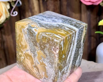Raro! Bloco de jaspe oceânico natural de 60 mm com drusa geoda, cubo de cristal colorido, decoração com pedras preciosas naturais, ornamento de cristal curativo.