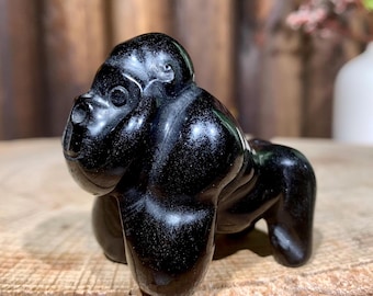 55MM Obsidian Gorilla Carving, Hand Carved Ape Figurine, Quartz Monkey Statue, Healing Crystal Animal Home Decor, Gifts For Friends.