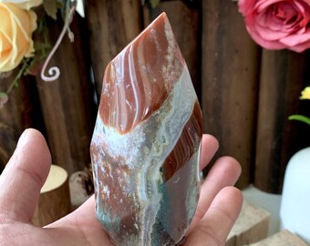 Escultura drusa de fogo em cristal natural, estatueta de jaspe oceânico esculpida à mão, decoração de casa com pedras preciosas coloridas, ornamento de cristal curativo. OJF63