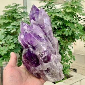 Top-level 9&quot;+6.7Lb Large Natural Amethyst Skull Cluster Carving, Hand Carved Crystal Skull Sculptures Home Decor, Healing Crystals Gift.LZ01