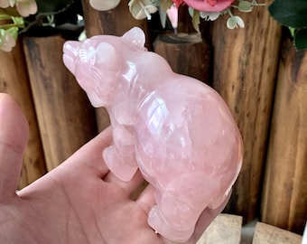 Handcrafted Rose Quartz Bear Carving, Natural Pink Crystal Bear Figurine Decor, Healing Crystal Animal Home Decor, Crystal Gift.