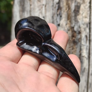 2.8&quot; Natural Obsidian Ravens Skull Carving, Gemstone Birds Figurine Decor, Healing Crystal Animals Home Decor, Crystal Gifts For Friends.