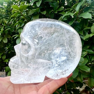 Gorgeous! Large Natural Clear Quartz Skull Carving with Rainbow, Crystal Skull Sculpture, Quartz Skull Figurine, Healing Crystal Home Decor.