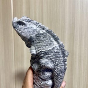 May include: A detailed sculpture of an iguana carved from grey and white stone. The reptile is depicted in a side profile, showcasing textured scales and a detailed head. The artwork is a decorative piece.