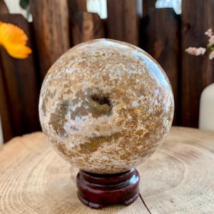 Zeldzaam! 3,5-inch natuurlijke oceaanjaspisbol, regenboogkristallen bol, natuurlijk edelsteenbaldecor, helende kristallen ornament.OJS05