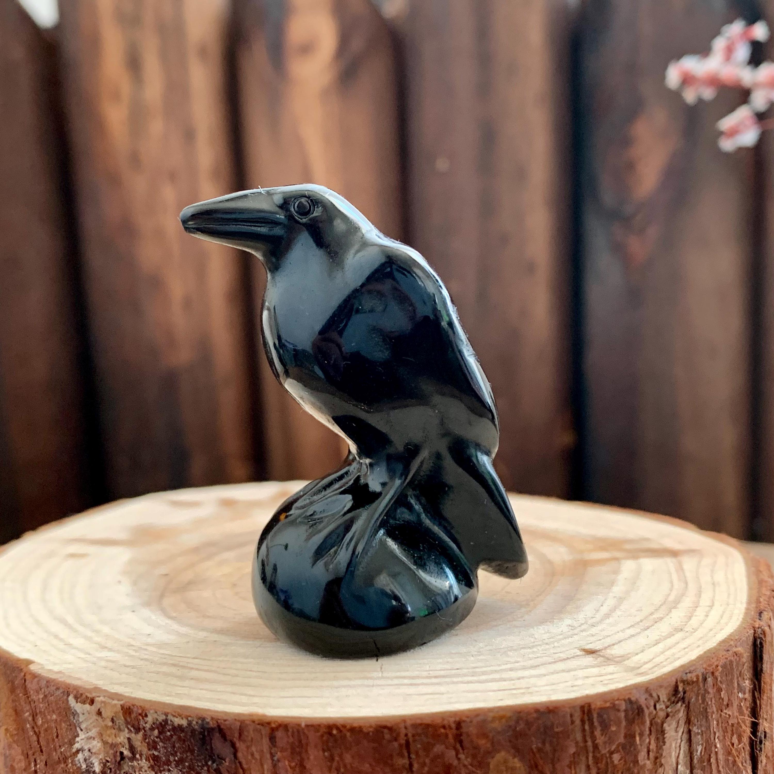 2" corbeaux en obsidienne naturelle, sculpture de corbeaux, décoration de figurines d'oiseaux en pierres précieuses, décoration d'intérieur d'animaux en cristal curatif, cadeaux en cristal pour amis.