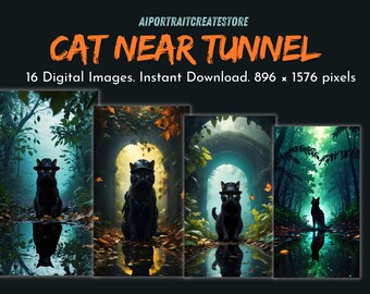 Majestätische Katze Gemälde im Zauberwald Digital Download | Kunstdruck | Mystische Wildtiere Wand Kunst | Geschenk des Katzen-Liebhabers | Natur Dekor