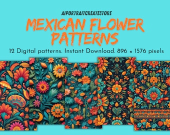 12 mexikanischen Stil blau schwarz Floral bedruckbares Papier Sofortiger digitaler Download Design Blume traditionelle Floral Scrapbook Junk Journal Papier