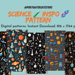 May include: A set of 30 digital science-themed patterns featuring colorful illustrations of planets, stars, rockets, beakers, and other science-related objects. The patterns are seamless and can be used for a variety of projects, such as scrapbooking, card making, and fabric design. The patterns are 816 x 1764 pixels.