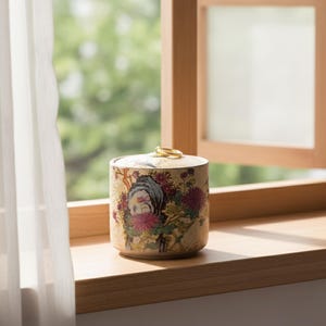 Könnte beinhalten: Beige Keramikdose mit Deckel, verziert mit einem Blumen- und Porträtmuster. Die Dose hat einen goldfarbenen Ringgriff. Das Kunstwerk zeigt ein Frauengesicht, Blumen und Blätter. Die Dose steht auf einer Holzfensterbank.