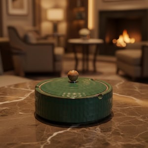 Può includere: Un posacenere in ceramica verde con una superficie strutturata e un pomello in legno sul coperchio. Il posacenere è rotondo e presenta una piccola rientranza per appoggiare le sigarette. Lo sfondo è sfocato.