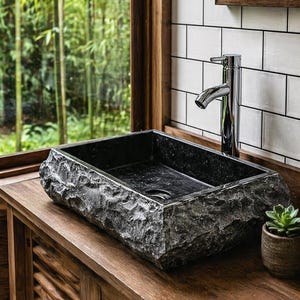 Puede incluir: Un lavabo rectangular tallado en piedra gris oscuro con una textura exterior rugosa y cincelada y un interior liso. Un grifo alto de cromo pulido con una sola palanca está montado detrás del lavabo sobre una encimera de madera.