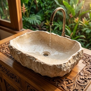 Op de afbeelding: Een beige stenen wastafel met een bronzen kraan. Water stroomt uit de kraan in de wastafel. De wastafel staat op een houten kast met gebeeldhouwde bloemmotieven. De achtergrond heeft weelderig groen gebladerte.