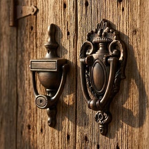 May include: Two dark bronze-toned metal door knockers mounted on a weathered wooden door. The left knocker features a rectangular plate and a circular ring, while the right knocker has an ornate, oval-shaped design with intricate scrollwork.