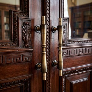 May include: Close-up of a pair of dark wooden doors with ornate carvings and brass handles. The doors feature detailed relief patterns and a central vertical design. The handles are cylindrical with a warm, metallic finish.