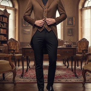 May include: A brown suit with a long coat and vest, paired with black pants and shoes. The word "BROWN" is displayed in the upper left corner. The suit has a classic design, suitable for formal occasions.