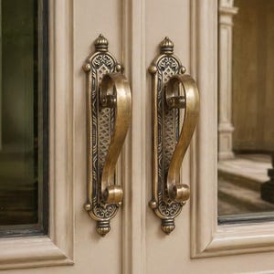Handcrafted Antique Brass Door Handle Set Ornate Crown Motif Entryway Pulls 11 Inch