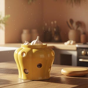 Puede incluir: Un tarro de cerámica amarillo para guardar ajos con tapa, que contiene bulbos de ajo. El tarro tiene varios agujeros redondos y un diseño festoneado. La palabra "YELLOW" está en la esquina superior izquierda. Una tapa de madera está a un lado.