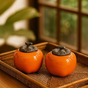 Könnte beinhalten: Zwei glänzende, orangefarbene Keramikgefäße in Form von Kaki, mit dunkelbronzenen Deckeln. Sie stehen auf einem geflochtenen Tablett. Der Hintergrund ist verschwommen und zeigt ein Fenster und Blätter. Die Gefäße stehen auf einer Holzoberfläche.