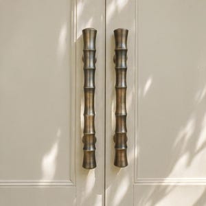 Könnte beinhalten: Zwei bronzefarbene Türgriffe mit Bambusstiel-Design sind an einer hellbeige Tür montiert. Die Griffe sind vertikal ausgerichtet und haben eine zylindrische Form mit segmentierten Details, die Bambusstiele nachahmen.