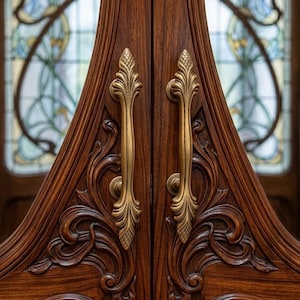 May include: Close-up of a pair of ornate wooden doors with gold-colored handles. The doors are a rich brown color with detailed carvings and a decorative handle design. The background features a stained glass window.