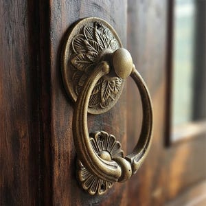 Puede incluir: Un llamador de puerta de metal en tono latón con una placa de montaje circular con un patrón de hojas detallado y una base circular más pequeña. El llamador tiene un mango grande, curvo y en forma de anillo montado sobre madera.