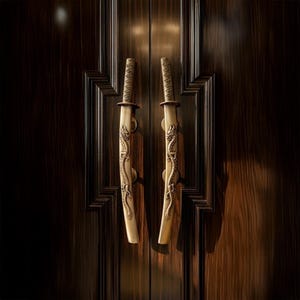 May include: Two bronze-colored door handles shaped like Japanese katana swords, mounted on a dark brown wooden door. The handles feature dragon designs and intricate detailing, adding a unique aesthetic to the door.