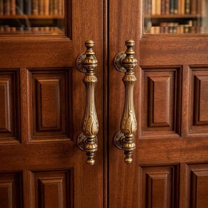 May include: Close-up of a pair of ornate, antique-style door handles. The handles are made of a gold-colored metal and feature intricate floral and scrollwork designs. The doors are made of dark brown wood with rectangular panels.