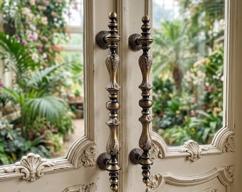 Large Antique Brass Door Handles Solid Brass Luxor Motif Entryway Pulls 26 Inch