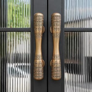 Pair of Antique Brass Engraved Door Handles Solid Brass Entryway Pulls 7.5 Inch