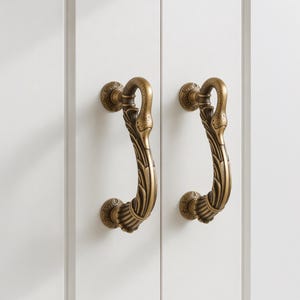 Könnte beinhalten: Zwei antike Messing-Schrankgriffe mit aufwendigem Schwanenhals-Design. Die Griffe sind an einer weißen Schranktür montiert. Die Griffe haben eine gebogene Form mit detaillierten Blatt- und Blumenmustern.