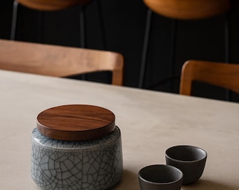 Handmade Celadon Tea Jar with Wooden Lid: Crackle Glaze Ceramic Container