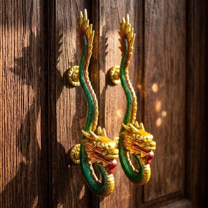 Pair of Solid Aluminum Dragon Door Handles with Hand Painted Gold Green Finish