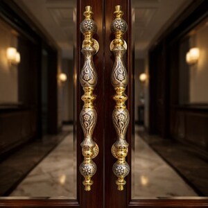 Set of Two Solid Brass Ornamental Entryway Door Handles Antique Gold Finish 47cm