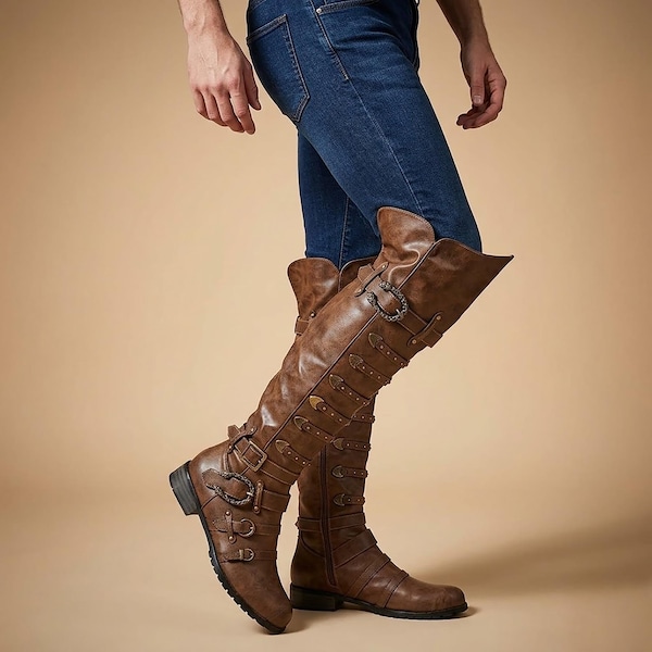 Steampunk Gothic Knee High Boots Vintage Buckle Riding Boots for Cosplay
