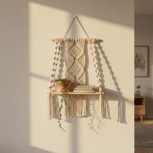 Puede incluir: Estante colgante de macramé en tonos blanco roto natural, con una balda de madera. Exhibe una pequeña planta en maceta y libros. El diseño de macramé presenta nudos y flecos detallados, ofreciendo un estilo bohemio. El estante es adecuado para exhibir objetos decorativos.