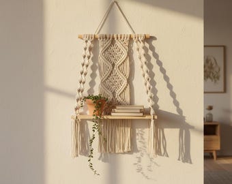 Boho Macrame Floating Shelf with Wooden Board