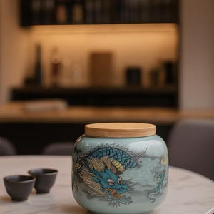 Puede incluir: Un tarro de cerámica azul claro con tapa de madera, con un diseño detallado de dragón en tonos azules y dorados. El texto "STYLE 9" está en la parte superior. Dos pequeñas tazas negras están en primer plano.