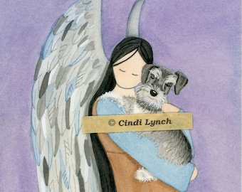 Miniature schnauzer (uncropped ears) cradled by angel / Lynch signed folk art print Pet Loss Memorial Remembrance Guardian Angel Gift
