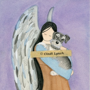 Miniature schnauzer (uncropped ears) cradled by angel / Lynch signed folk art print Pet Loss Memorial Remembrance Guardian Angel Gift