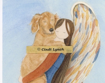 Golden Retriever (profile) cradled by angel / Lynch signed folk art print