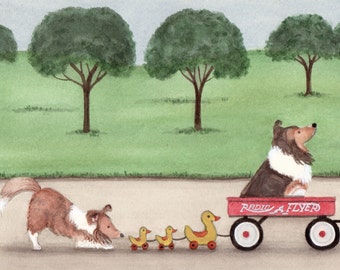 Miniature pinschers Lynch folk art print min pins wait for a wagon ride