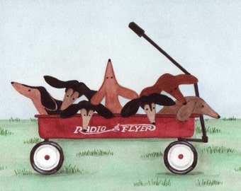 Miniature pinschers Lynch folk art print min pins wait for a wagon ride